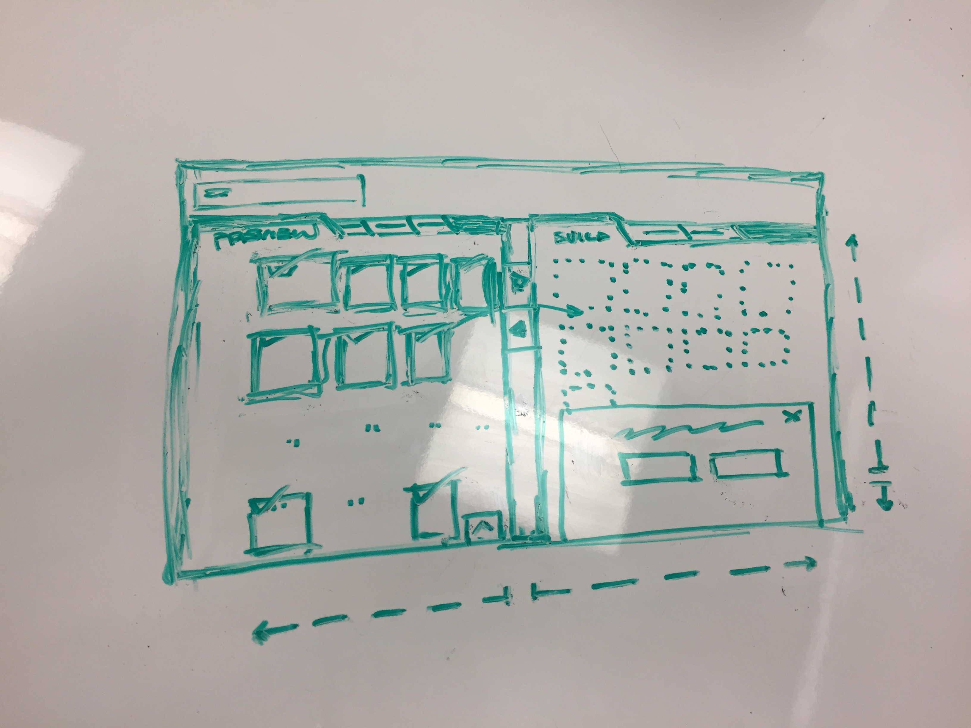 Whiteboard sketch of the split-panel Preview and Build interface concept, showing two-column layout with image grid on the left and build panel on the right, with dashed scroll indicators
